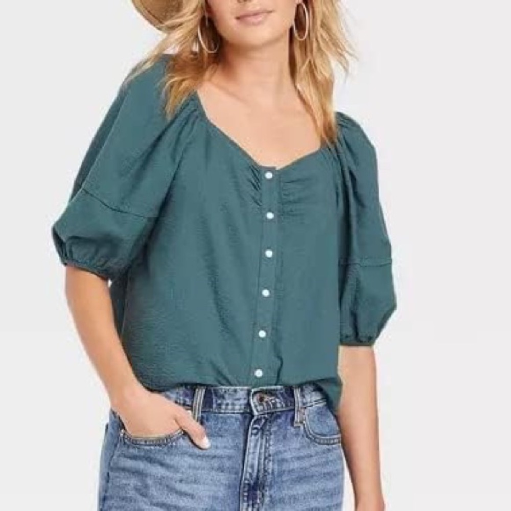 Universal Thread Teal Textured Puff Sleeve Button Front Top Cottagecore Small